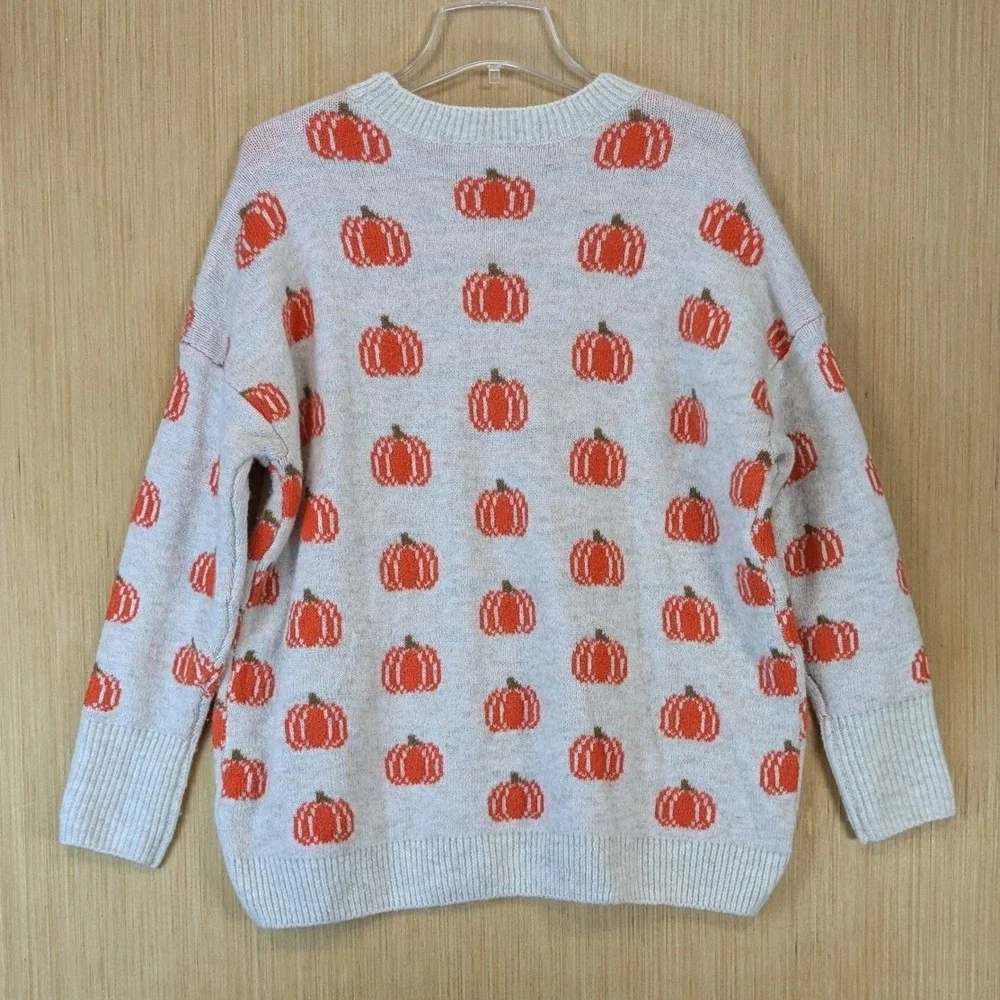 Vince Camuto Pumpkin Jack-O-Lantern Halloween Sweater Womens Small Cream Orange - Picture 4 of 8